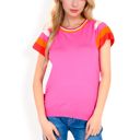  Women's Colorblock Knit Short Sleeve Top with Bold Striped Sleeves