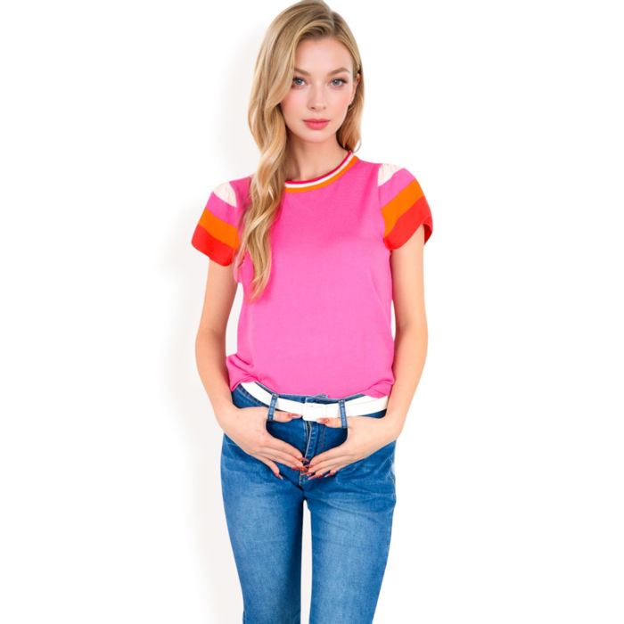 Women's Colorblock Knit Short Sleeve Top with Bold Striped Sleeves