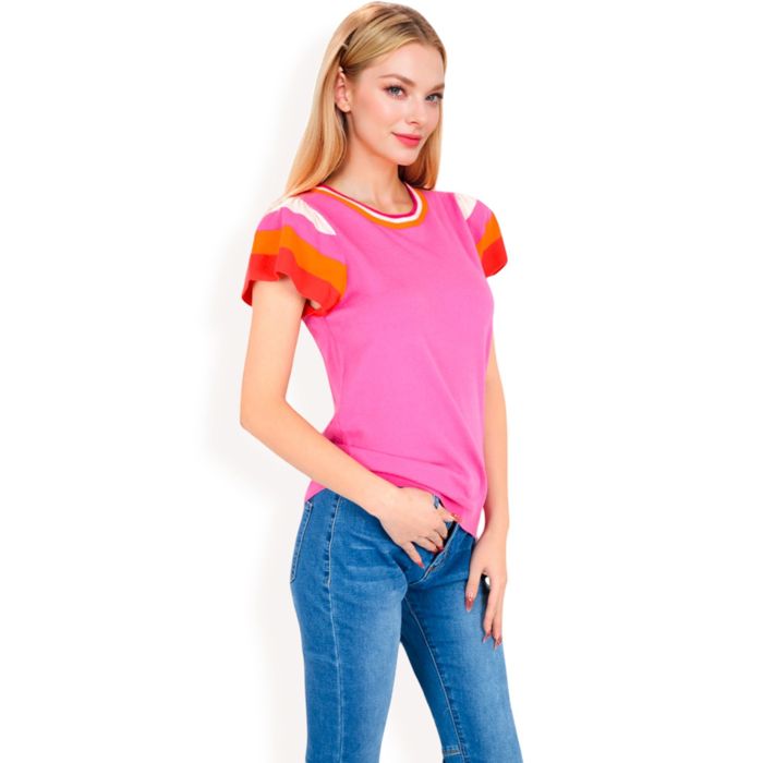 Women's Colorblock Knit Short Sleeve Top with Bold Striped Sleeves