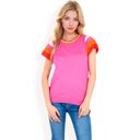 Pink Large Women's Colorblock Knit Short Sleeve Top with Bold Striped Sleeves