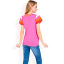 Pink Large Women's Colorblock Knit Short Sleeve Top with Bold Striped Sleeves