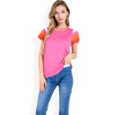 Pink Large Women's Colorblock Knit Short Sleeve Top with Bold Striped Sleeves