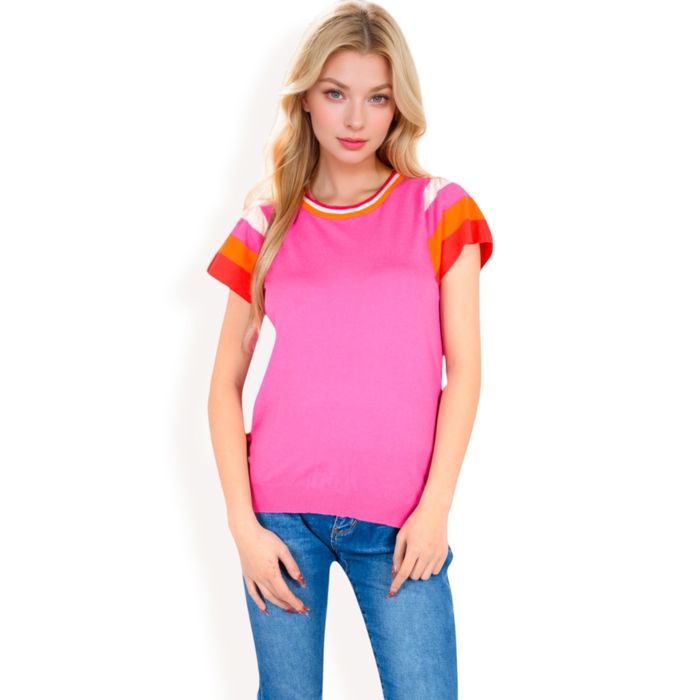 Women's Colorblock Knit Short Sleeve Top with Bold Striped Sleeves