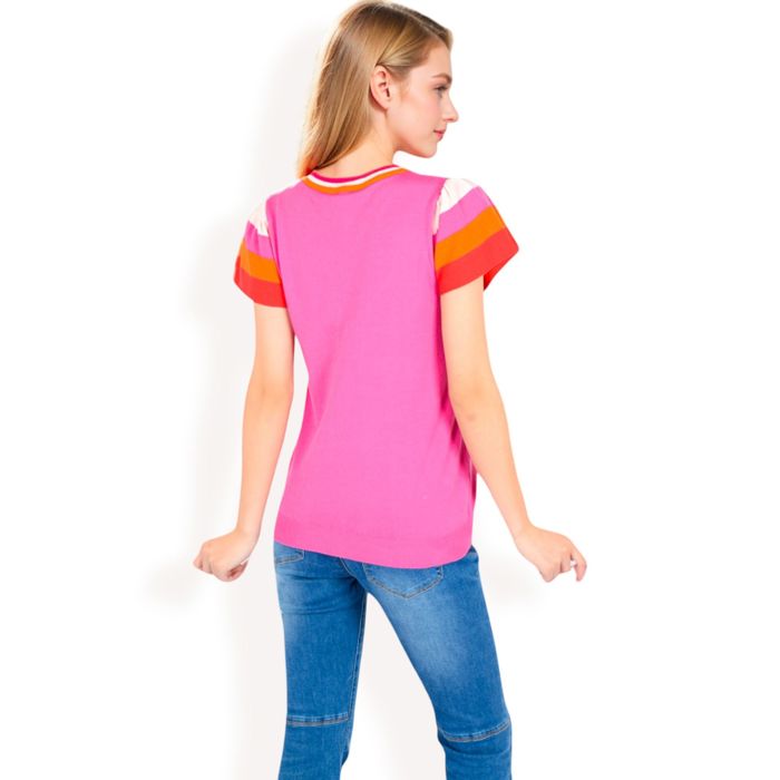 Women's Colorblock Knit Short Sleeve Top with Bold Striped Sleeves