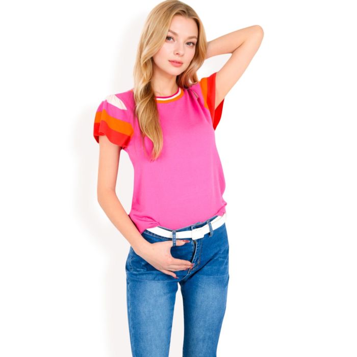 Women's Colorblock Knit Short Sleeve Top with Bold Striped Sleeves