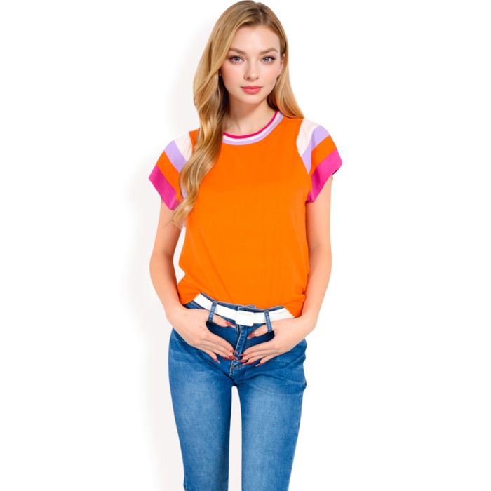 Women's Colorblock Knit Short Sleeve Top with Bold Striped Sleeves