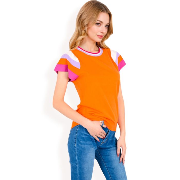 Women's Colorblock Knit Short Sleeve Top with Bold Striped Sleeves