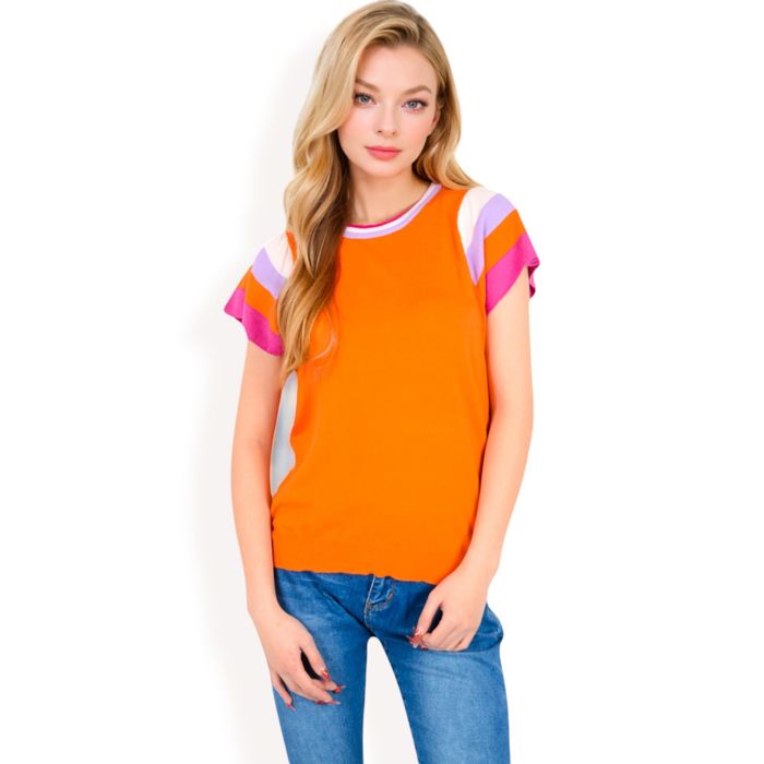 Women's Colorblock Knit Short Sleeve Top with Bold Striped Sleeves