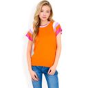 Orange Large Women's Colorblock Knit Short Sleeve Top with Bold Striped Sleeves