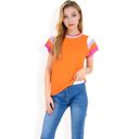 Orange Large Women's Colorblock Knit Short Sleeve Top with Bold Striped Sleeves