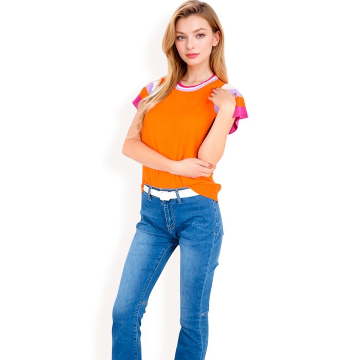 Women's Colorblock Knit Short Sleeve Top with Bold Striped Sleeves