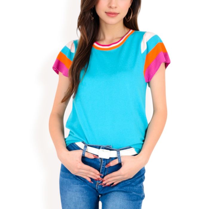 Women's Colorblock Knit Short Sleeve Top with Bold Striped Sleeves