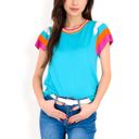 Blue Large Women's Colorblock Knit Short Sleeve Top with Bold Striped Sleeves