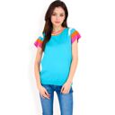 Blue Large Women's Colorblock Knit Short Sleeve Top with Bold Striped Sleeves