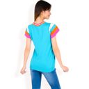 Blue Large Women's Colorblock Knit Short Sleeve Top with Bold Striped Sleeves