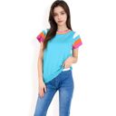 Blue Large Women's Colorblock Knit Short Sleeve Top with Bold Striped Sleeves