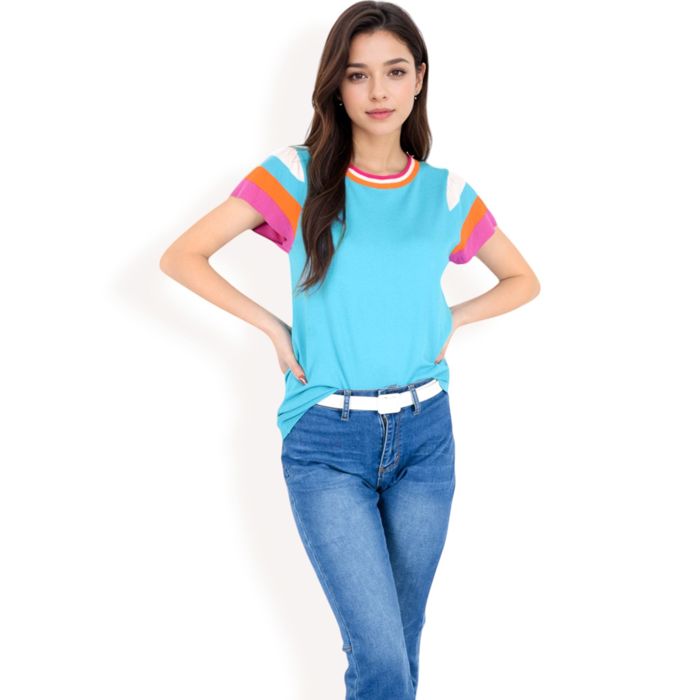 Women's Colorblock Knit Short Sleeve Top with Bold Striped Sleeves