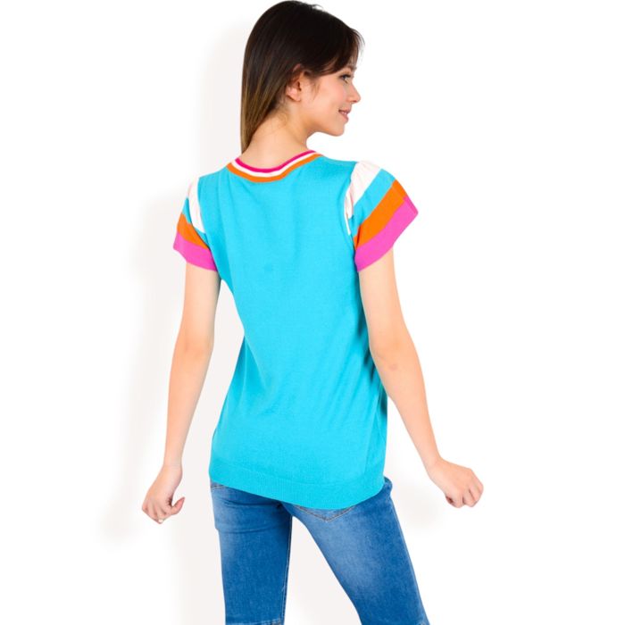 Women's Colorblock Knit Short Sleeve Top with Bold Striped Sleeves