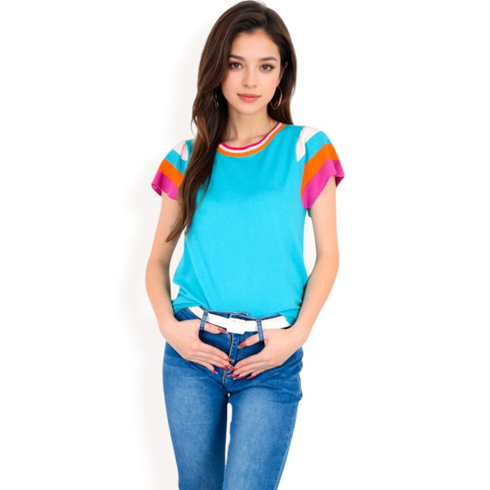 Women's Colorblock Knit Short Sleeve Top with Bold Striped Sleeves