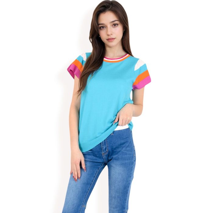 Women's Colorblock Knit Short Sleeve Top with Bold Striped Sleeves