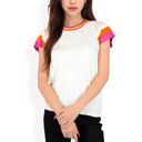 White Large Women's Colorblock Knit Short Sleeve Top with Bold Striped Sleeves