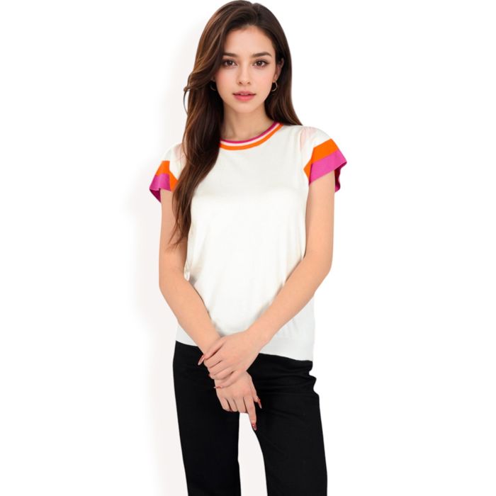 Women's Colorblock Knit Short Sleeve Top with Bold Striped Sleeves