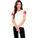 White Large Women's Colorblock Knit Short Sleeve Top with Bold Striped Sleeves