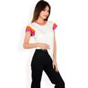 White Large Women's Colorblock Knit Short Sleeve Top with Bold Striped Sleeves