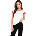 White Large Women's Colorblock Knit Short Sleeve Top with Bold Striped Sleeves