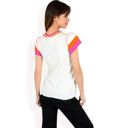 White Large Women's Colorblock Knit Short Sleeve Top with Bold Striped Sleeves