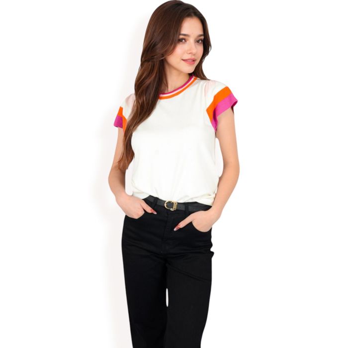 Women's Colorblock Knit Short Sleeve Top with Bold Striped Sleeves