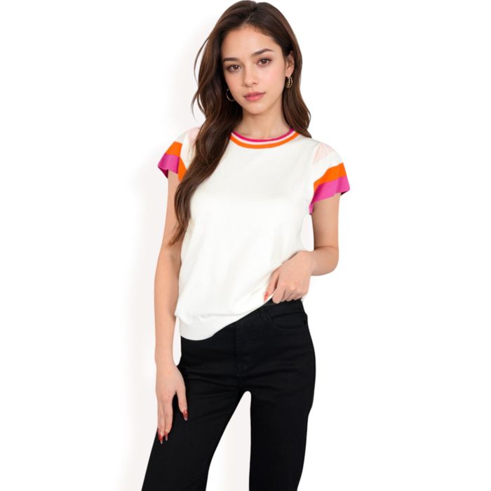 Women's Colorblock Knit Short Sleeve Top with Bold Striped Sleeves