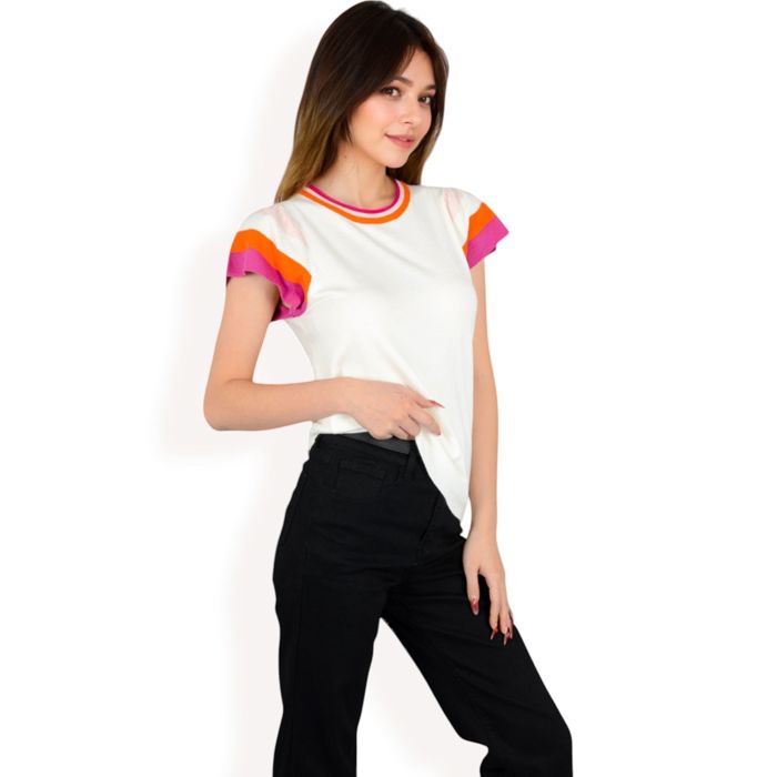 Women's Colorblock Knit Short Sleeve Top with Bold Striped Sleeves