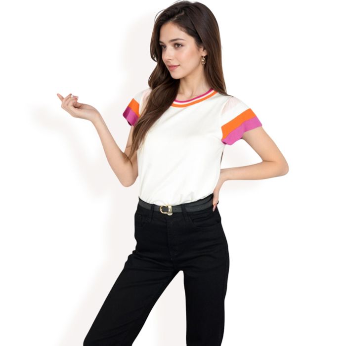 Women's Colorblock Knit Short Sleeve Top with Bold Striped Sleeves