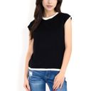 Black Large Women's Striped Knit Cap Sleeve Top with Contrast Trim