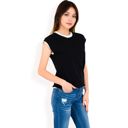 Black Large Women's Striped Knit Cap Sleeve Top with Contrast Trim