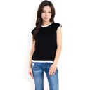 Black Large Women's Striped Knit Cap Sleeve Top with Contrast Trim