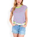 Green Large Women's Striped Knit Cap Sleeve Top with Contrast Trim