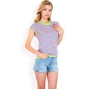 Green Large Women's Striped Knit Cap Sleeve Top with Contrast Trim