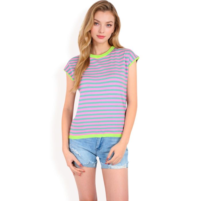 Women's Striped Knit Cap Sleeve Top with Contrast Trim