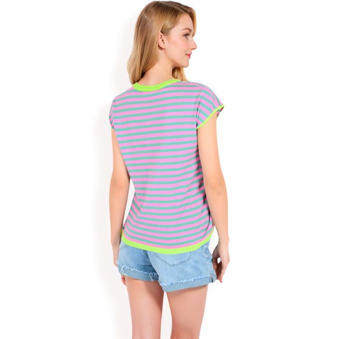 Women's Striped Knit Cap Sleeve Top with Contrast Trim