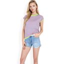 Green Large Women's Striped Knit Cap Sleeve Top with Contrast Trim