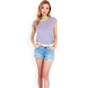 Green Medium Women's Striped Knit Cap Sleeve Top with Contrast Trim