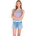 Green Medium Women's Striped Knit Cap Sleeve Top with Contrast Trim