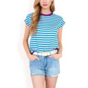 Blue Large Women's Striped Knit Cap Sleeve Top with Contrast Trim