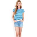 Blue Large Women's Striped Knit Cap Sleeve Top with Contrast Trim