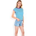 Blue Large Women's Striped Knit Cap Sleeve Top with Contrast Trim