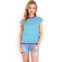 Blue Large Women's Striped Knit Cap Sleeve Top with Contrast Trim