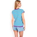 Blue Large Women's Striped Knit Cap Sleeve Top with Contrast Trim