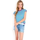 Blue Large Women's Striped Knit Cap Sleeve Top with Contrast Trim